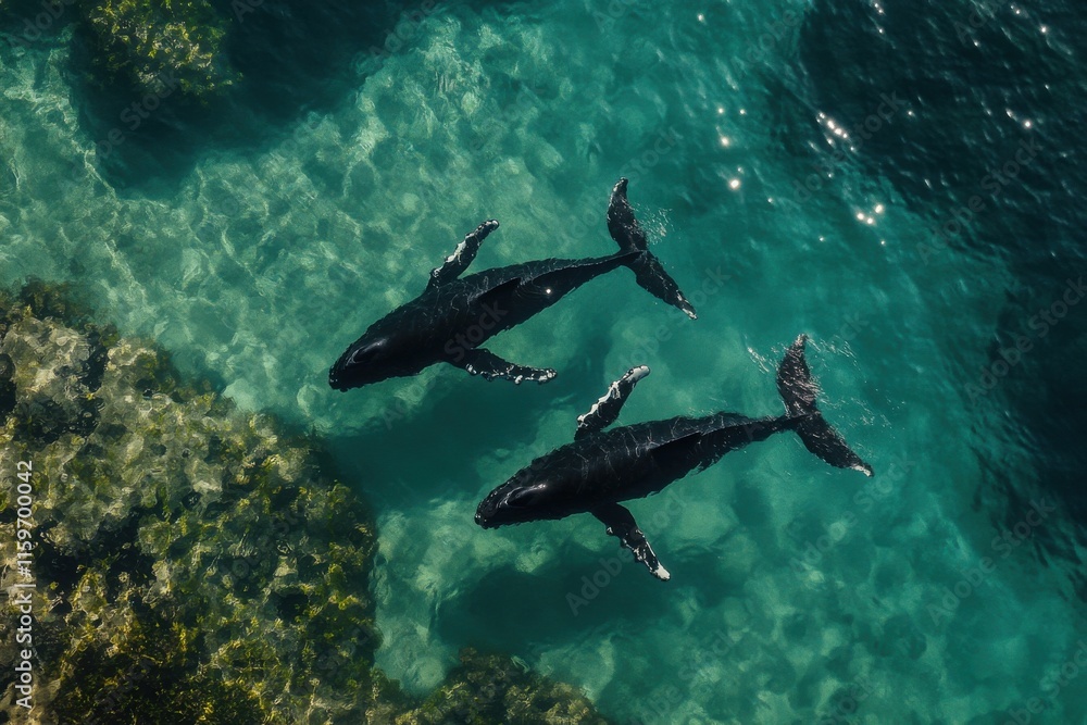 Fototapeta premium Humpback whale mother and calf in serene underwater scene