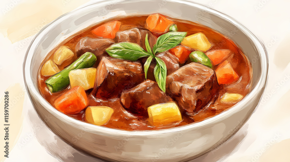 Hearty beef stew with vegetables. Gossamered. Illustration Hearty beef stew with vegetables. Gossamered. Illustration