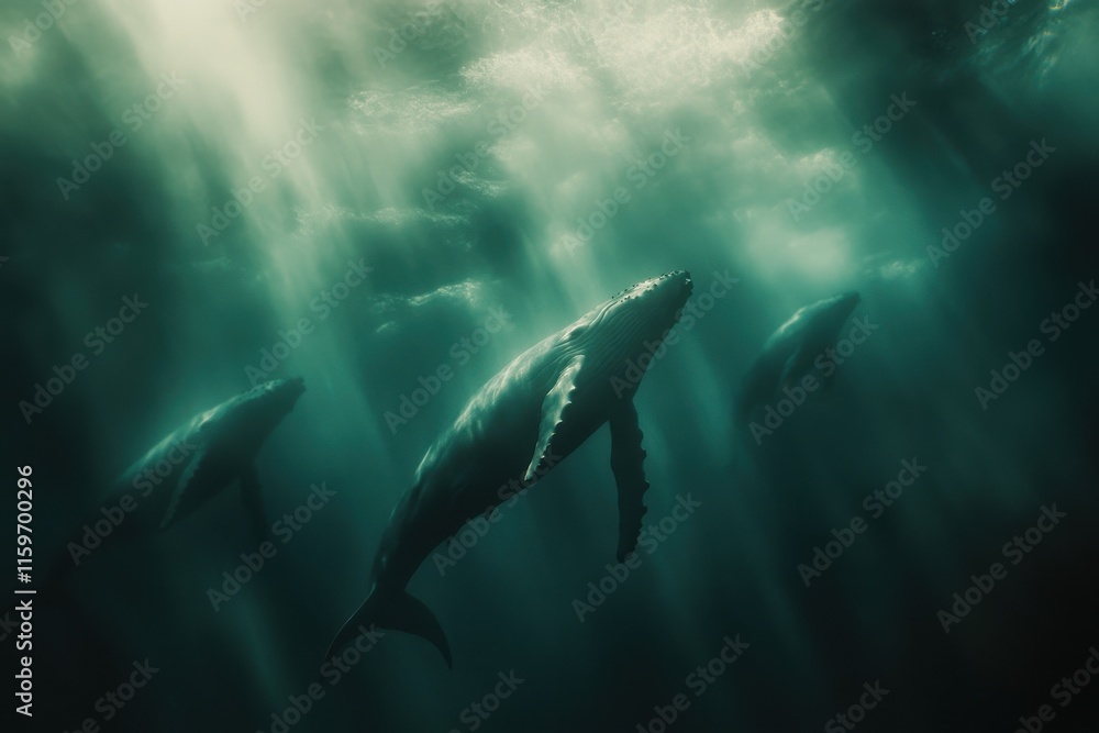 Fototapeta premium Humpback whale pod in underwater scene evoking tranquility and harmony