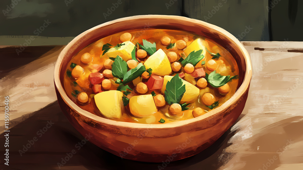 Hearty chickpea stew with potatoes and chorizo in a rustic bowl. Gossamered. Illustration Hearty chickpea stew with potatoes and chorizo in a rustic bowl. Gossamered. Illustration