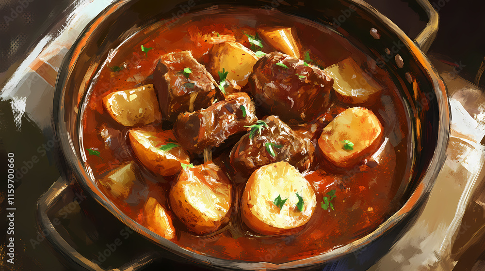 Hearty spanish stew, potatoes simmered with meat in rich, flavorful sauce. Gossamered. Illustration Hearty spanish stew, potatoes simmered with meat in rich, flavorful sauce. Gossamered. Illustration