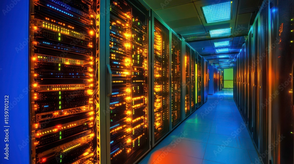 Illuminated server room corridor with rows of data center racks. Illuminated server room corridor with rows of data center racks.