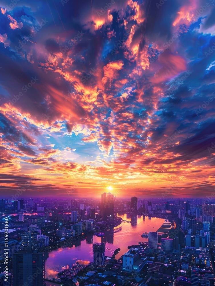 The city skyline with clouds, sunset glow, and reflections on the river at dusk. The city skyline with clouds, sunset glow, and reflections on the river at dusk.