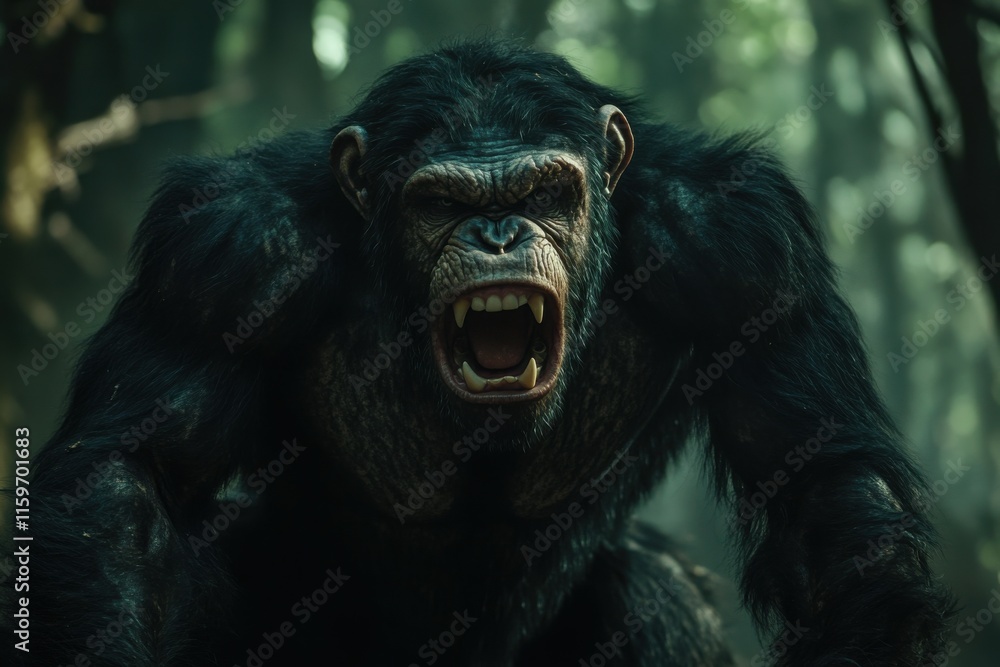Dominant male chimpanzee with aggressive stance in dramatic lighting Dominant male chimpanzee with aggressive stance in dramatic lighting