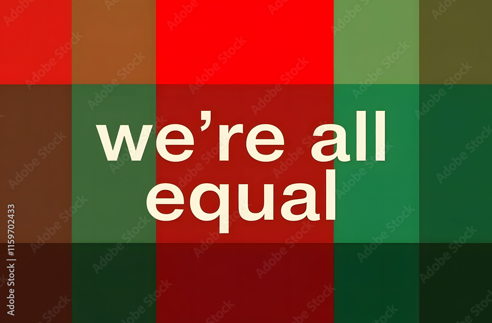 Simple and bold design with the message we're all equal on a background of red, green, and brown squares, symbolizing unity, equality, and diversity. Simple and bold design with the message we're all equal on a background of red, green, and brown squares, symbolizing unity, equality, and diversity.