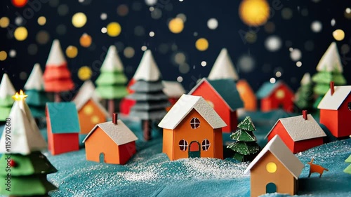 Playful Christmas Scene with Cute Origami in a Snowy Village Landscape