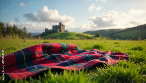 Plaid blanket on grassy field with castle in the background
