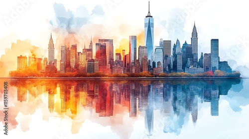 Watercolor illustration captures the essence of a bustling modern urban cityscape image