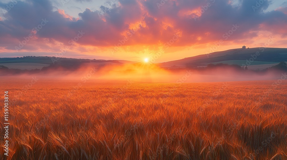 Fototapeta premium Golden Wheat Field Sunset Sunrise Landscape