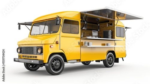 Wallpaper Mural Yellow food truck with a white background. The truck is parked on a white surface. The truck is open and has a menu board on the side Torontodigital.ca