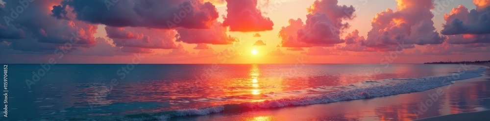 Fototapeta premium Vibrant colors of the setting sun reflect on calm waters of the ocean in Miami South Beach , evening, sky