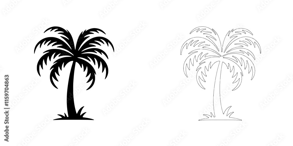 Naklejka premium Palm Tree Silhouette Illustration: A minimalist, stylized palm tree silhouette in black and white, ready to add a touch of tropical vibes to your design projects.