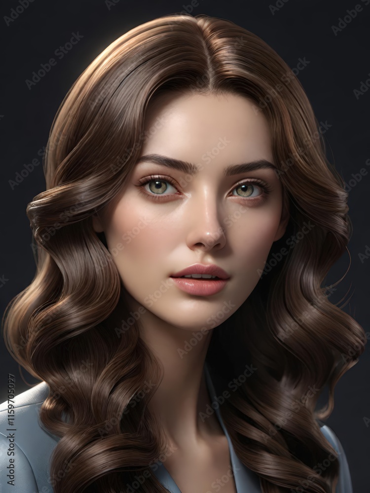 Fototapeta premium 長い波打つ髪と穏やかな表情の若い女性の肖像。顔の細部、光沢のある髪、ぼかされた背景が優雅さと繊細さを醸し出します。柔らかな照明が自然な美しさと繊細な色調を引き立てます。