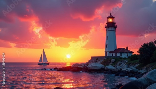 Wallpaper Mural Lighthouse at sunset with a sailboat in the foreground, sunset, sea, rustic Torontodigital.ca