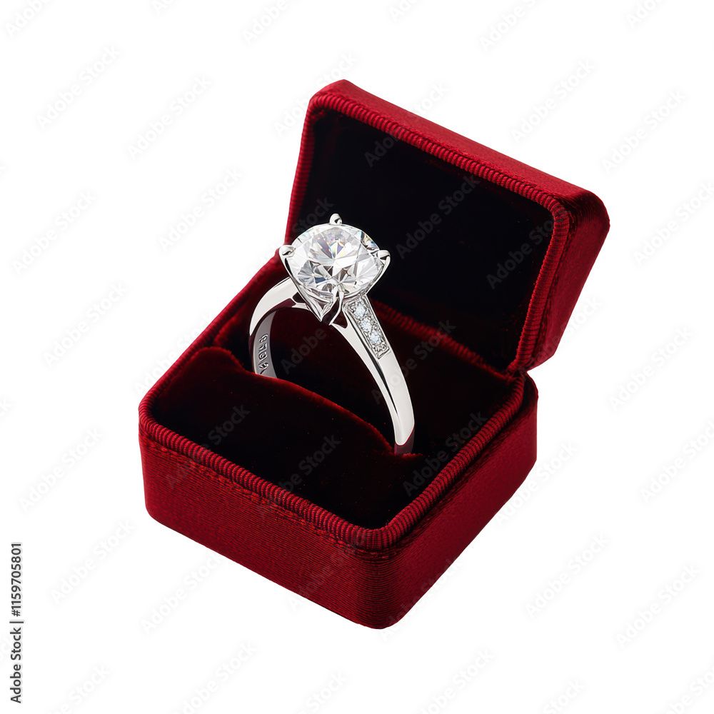 Elegant diamond ring in red velvet box on isolated white background Elegant diamond ring in red velvet box on isolated white background