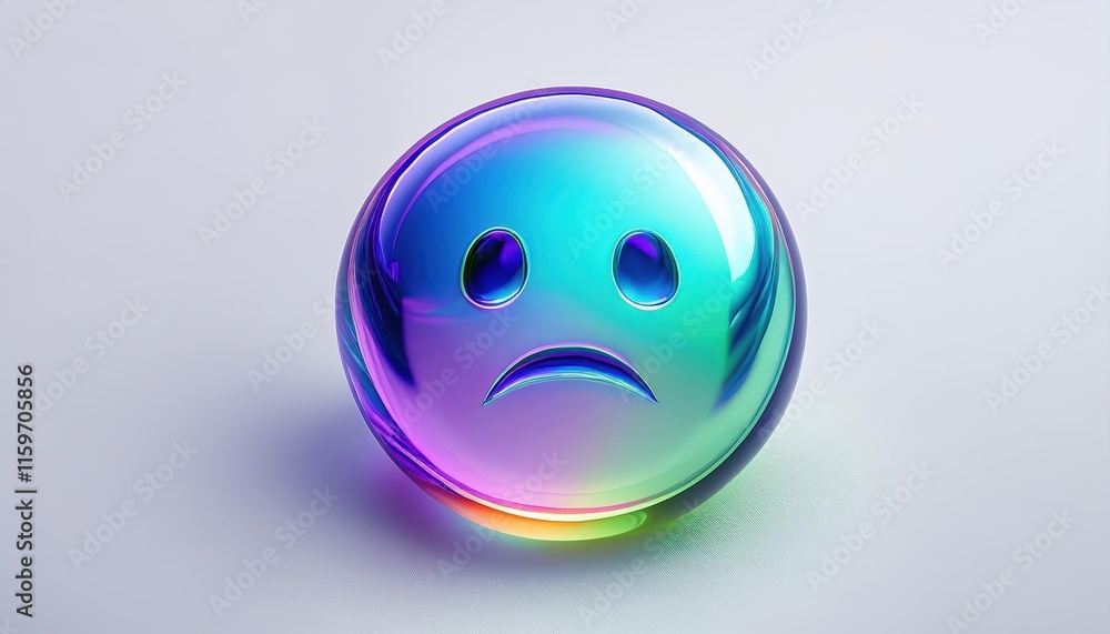 Fototapeta premium さまざまな感情を表現する、カラフルなガラス製の三次元絵文字シリーズ。悲しみ、中立、幸福などが描かれており、光沢のある表面と青、緑、紫のグラデーションが未来的で魅力的な印象を与えます。デジタルコミュニケーションや感情表現の概念を呼び起こします。