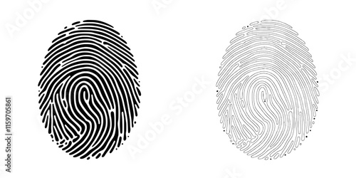 Fingerprint Scan: Two fingerprint designs, one black and one white, isolated on a white background. The fingerprint patterns are intricate and detailed, showcasing the unique nature of biometrics.