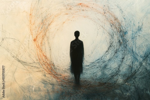 Human silhouette lost in an abstract whirlwind, conveying a deep sense of loneliness and isolation in a chaotic world. Generative AI