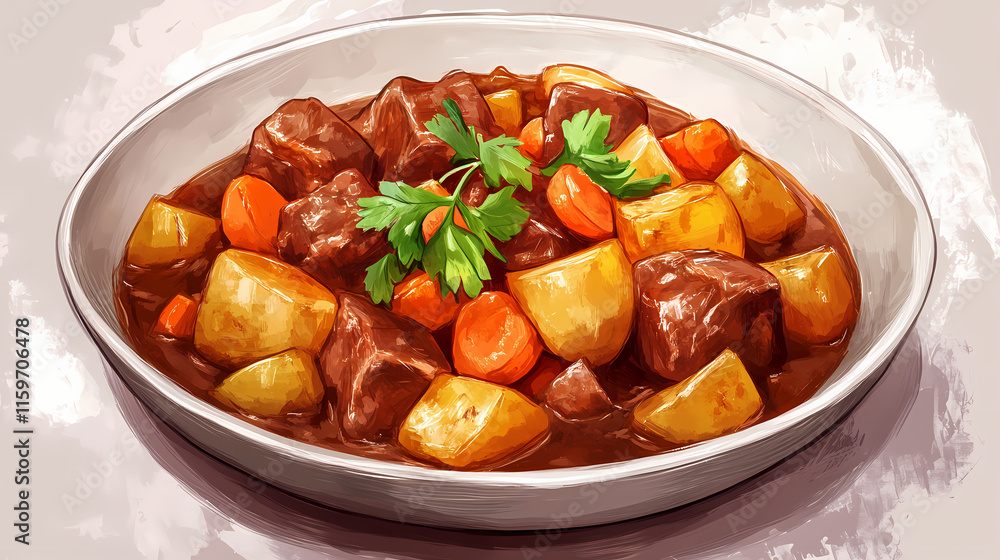 Delicious beef stew with potatoes and carrots. Gossamered. Illustration Delicious beef stew with potatoes and carrots. Gossamered. Illustration
