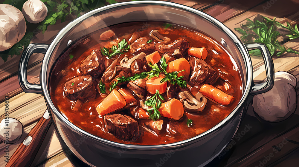 Delicious beef stew with tender meat, carrots, mushrooms, and herbs, simmered to perfection for hearty meal. comforting dish ideal for family gatherings. Gossamered. Illustration Delicious beef stew with tender meat, carrots, mushrooms, and herbs, simmered to perfection for hearty meal. comforting dish ideal for family gatherings. Gossamered. Illustration