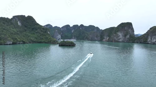 Drone Footage of Beautiful Islands in Halong Bay, Vietnam photo