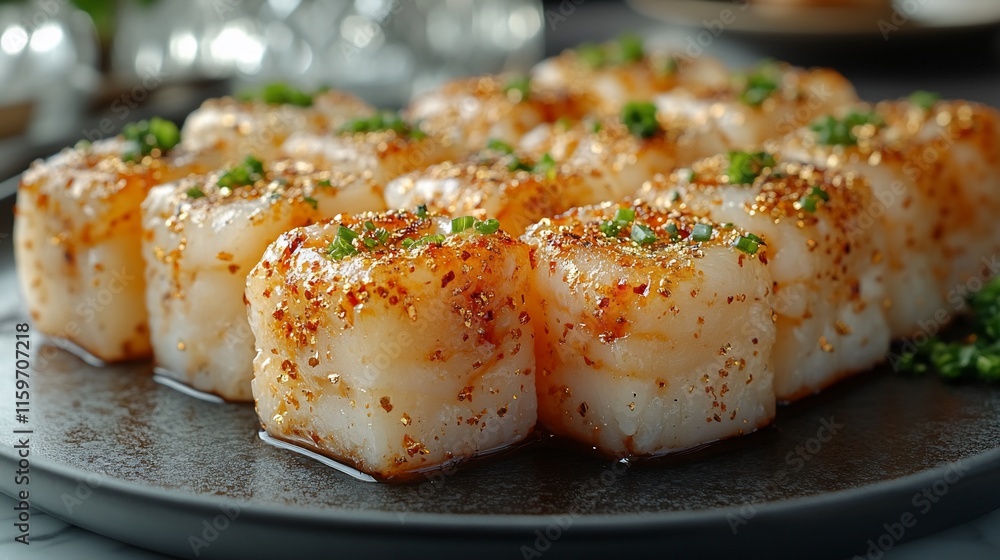 Golden Scallops Arranged on a Dark Plate Golden Scallops Arranged on a Dark Plate