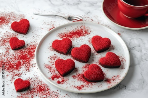 Red heart-shaped desserts on a white plate with red crumbs, Valentine's Day or romantic occasions photo