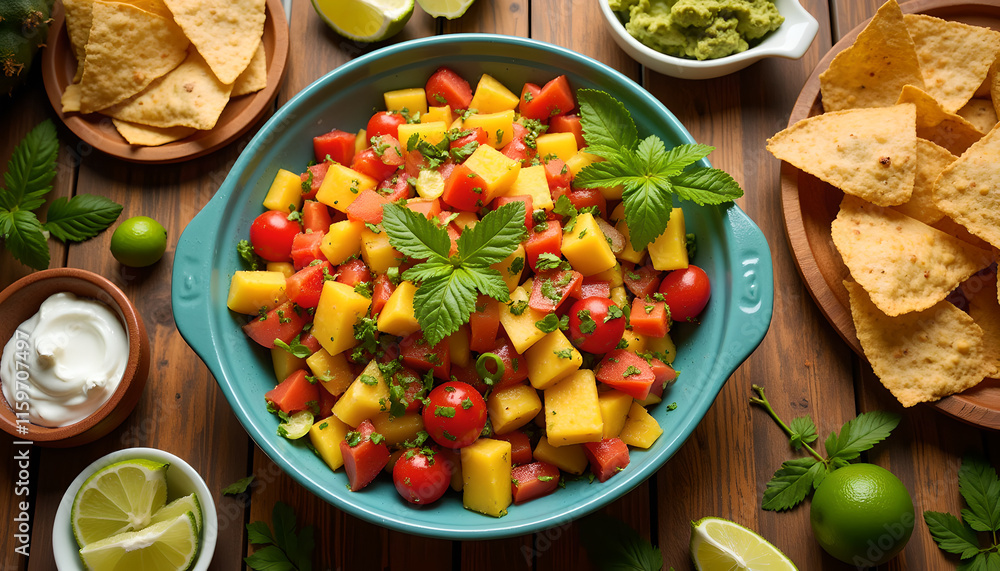 Fresh mango salsa with tortilla chips and limes Fresh mango salsa with tortilla chips and limes