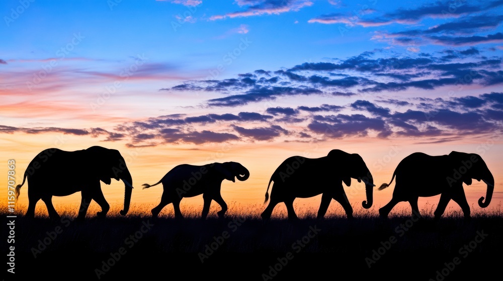 Elephants Walking Silhouetted Against Twilight Sky Elephants Walking Silhouetted Against Twilight Sky