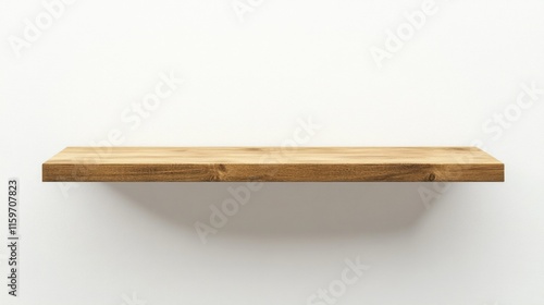 Modern Wooden Shelf Against White Wall photo