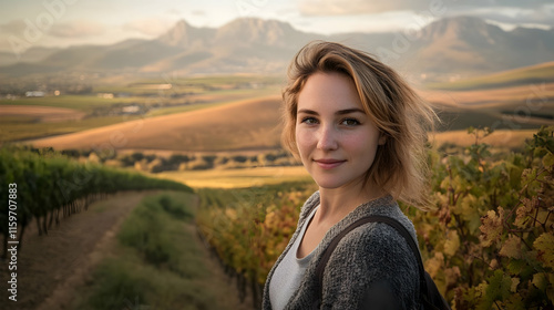 A woman standing on a hilltop trail in a vineyard in Stellenbosch, South Africa, Africa with rows of grapevines and rolling hills in the distance photo