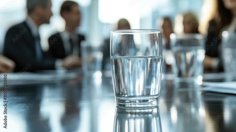 Corporate Meeting with Clear Glass of Water on Conference Table Corporate Meeting with Clear Glass of Water on Conference Table