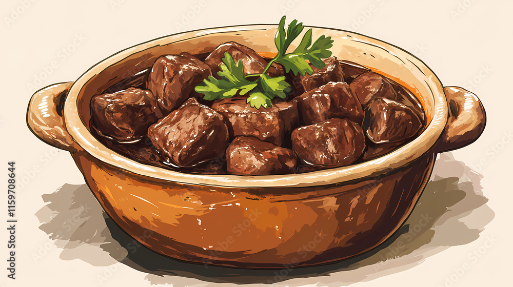 A rich and rustic bowl of beef bourguignon simmered to perfection in french wine sauce , comfort food, french cuisine. Gossamered. Illustration A rich and rustic bowl of beef bourguignon simmered to perfection in french wine sauce , comfort food, french cuisine. Gossamered. Illustration
