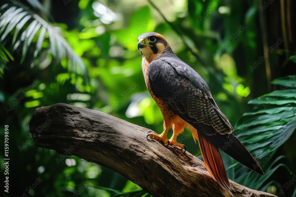 Redfooted falcon on branch in lush tropical setting Redfooted falcon on branch in lush tropical setting