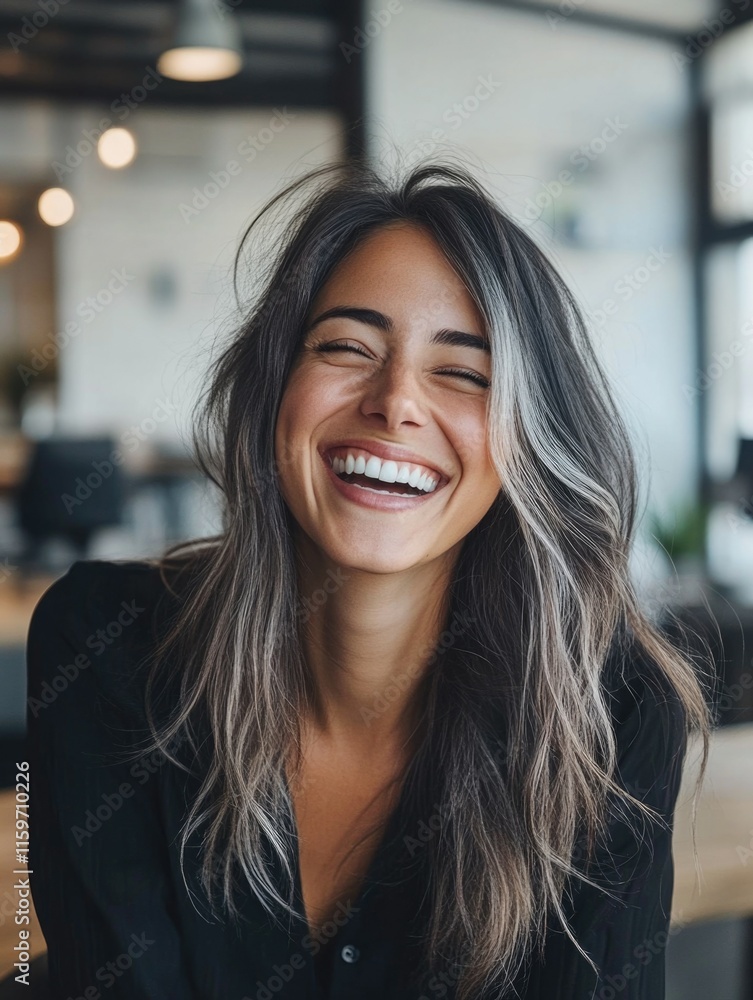 Smiling Woman with Grey Hair in Casual Setting Smiling Woman with Grey Hair in Casual Setting