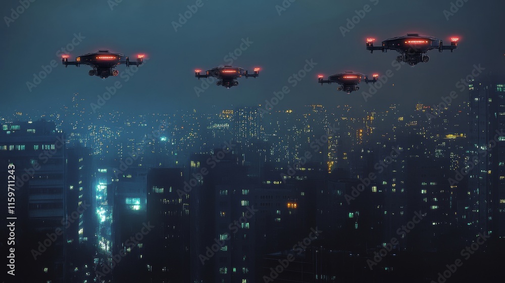 drones with lights in the night skies in a city drones with lights in the night skies in a city