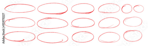 Red pen drawn marks, red circle set, highlight circle. Charcoal pen round ovals. Set of doodle ellipses. Scribble ovals, marker round elements isolated on a white background.