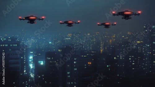 drones with lights in the night skies in a city photo