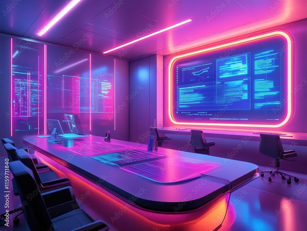Classroom with holographic smart board displaying real-time data, sleek modern furniture, glowing neon accents, clean and futuristic educational environment Classroom with holographic smart board displaying real-time data, sleek modern furniture, glowing neon accents, clean and futuristic educational environment