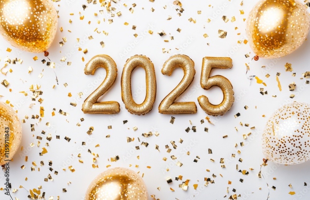 Golden 2025 New Year Celebration with Balloons, Confetti, and Festive Atmosphere. Shiny Gold Numbers Symbolizing New Year's Eve, Party and Festivities for 2025. Golden 2025 New Year Celebration with Balloons, Confetti, and Festive Atmosphere. Shiny Gold Numbers Symbolizing New Year's Eve, Party and Festivities for 2025.
