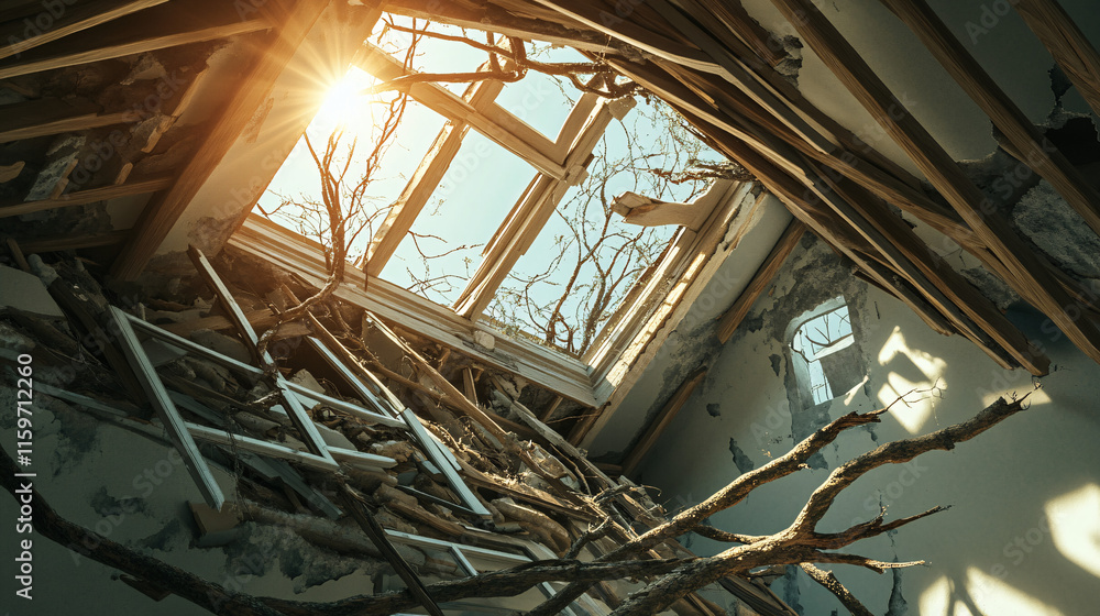 A collapsed section of a roof with broken windows and branches inside the house, symbolizing the urgent need for repair and cleanup. A collapsed section of a roof with broken windows and branches inside the house, symbolizing the urgent need for repair and cleanup.