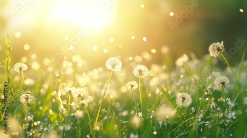 Dandelions in a Sunny Meadow Field