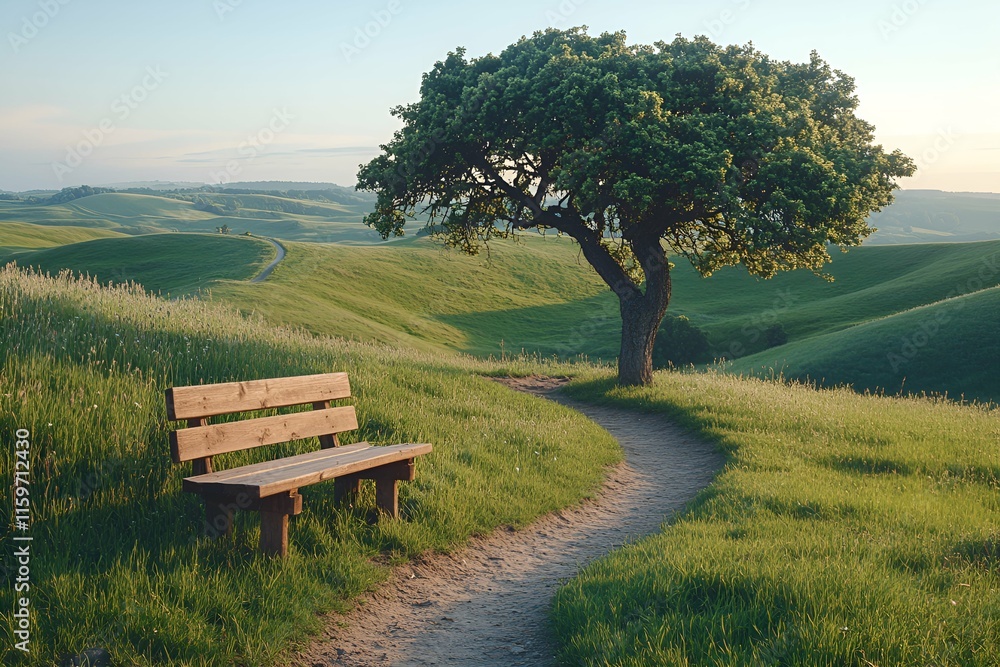 Solitary tree with a bench on a hill surrounded by green fields under a blue sky Solitary tree with a bench on a hill surrounded by green fields under a blue sky