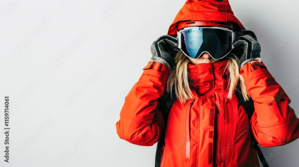 Obraz premium A woman dressed in bright orange winter clothing prepares to adjust her goggles in a studio. World Snow Day. Banner with copyspace.