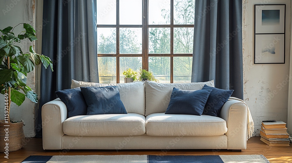 Beige Sofa With Blue Pillows Near a Window Beige Sofa With Blue Pillows Near a Window