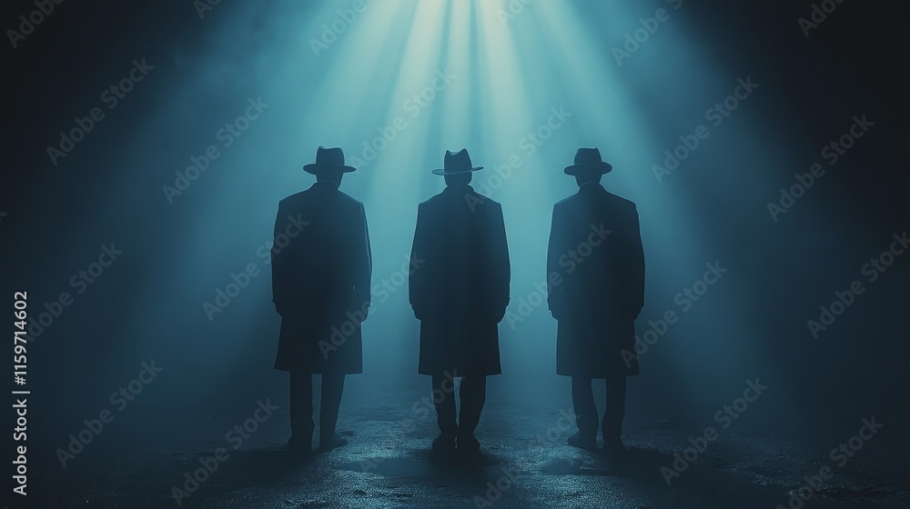 Three men wearing hats stand in the dark Three men wearing hats stand in the dark