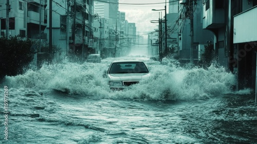 Flooded urban streets highlight chaos and the vulnerability of cities during tsunamis, capturing the aftermath of natural disasters photo