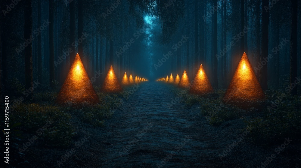 A dark forest with a path lined with orange lanterns A dark forest with a path lined with orange lanterns