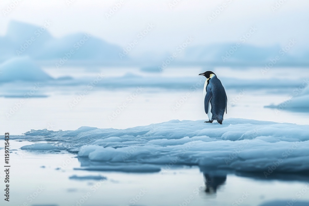 Fototapeta premium Majestic Emperor penguin on Antarctic ice in soft light