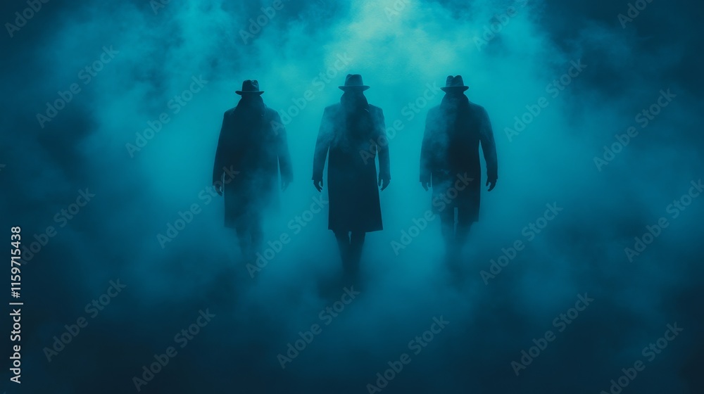 Three men in black coats and hats are walking through a foggy, misty atmosphere Three men in black coats and hats are walking through a foggy, misty atmosphere